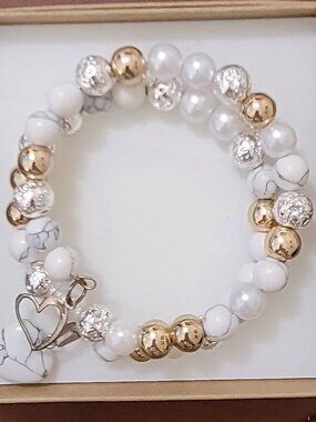 Eye Popping White and Gold Double Wrist Wrap with Heart Charms